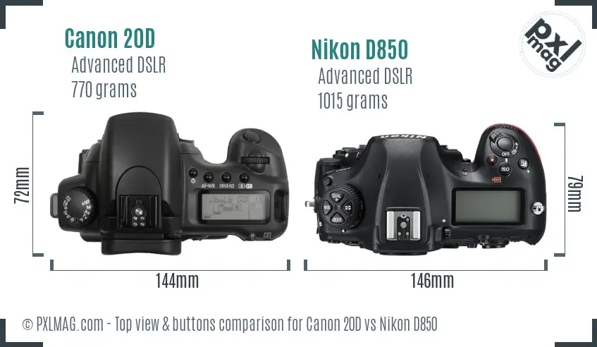 Canon 20D vs Nikon D850 top view buttons comparison