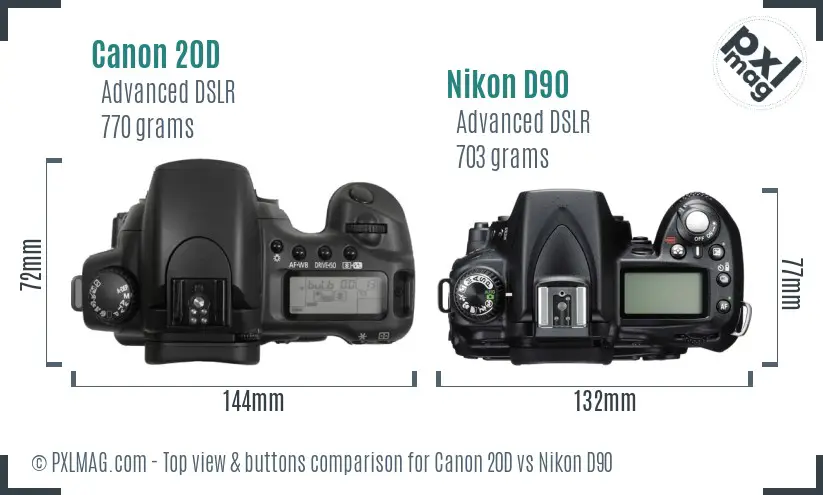 Canon 20D vs Nikon D90 top view buttons comparison