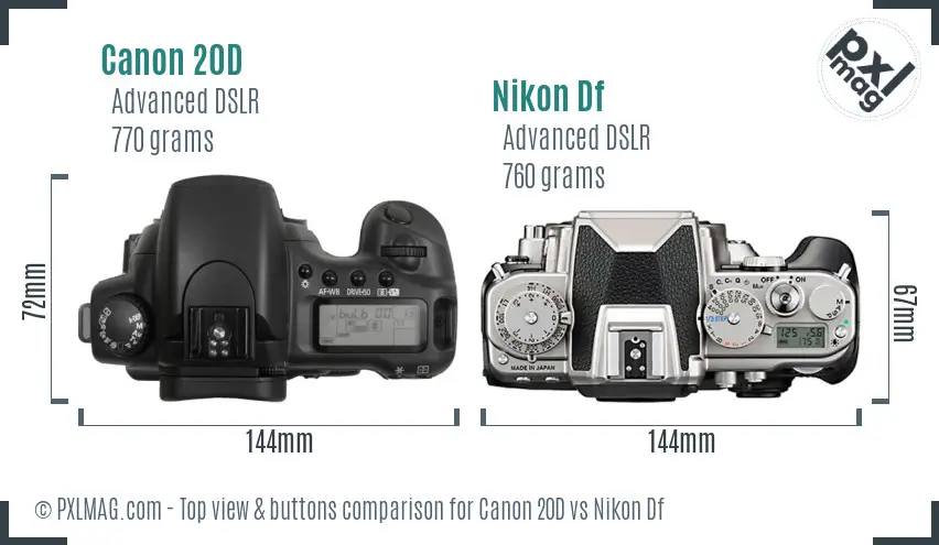 Canon 20D vs Nikon Df top view buttons comparison