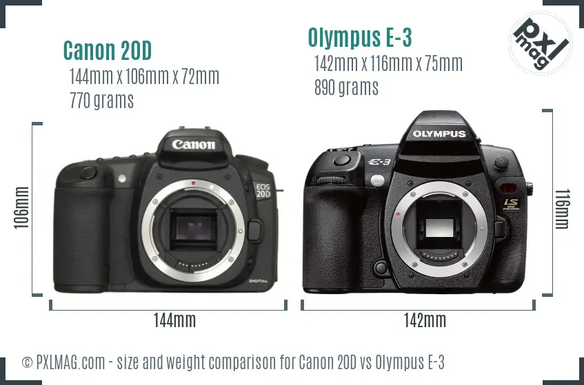 Canon 20D vs Olympus E-3 size comparison
