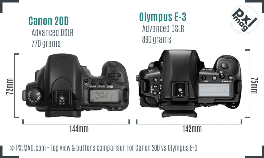 Canon 20D vs Olympus E-3 top view buttons comparison