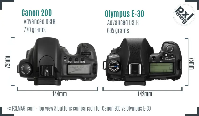 Canon 20D vs Olympus E-30 top view buttons comparison