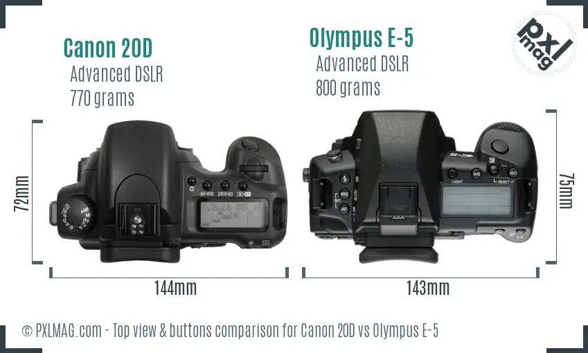 Canon 20D vs Olympus E-5 top view buttons comparison