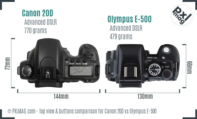 Canon 20D vs Olympus E-500 top view buttons comparison