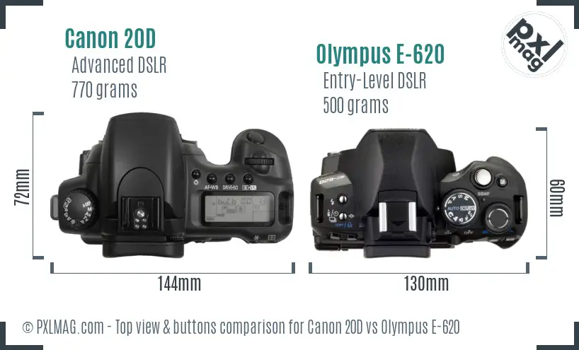 Canon 20D vs Olympus E-620 top view buttons comparison