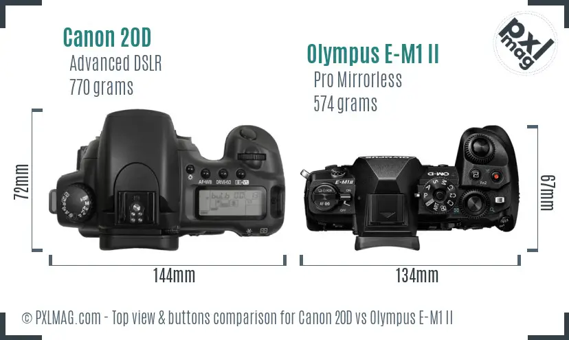 Canon 20D vs Olympus E-M1 II top view buttons comparison