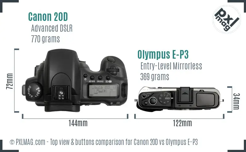 Canon 20D vs Olympus E-P3 top view buttons comparison