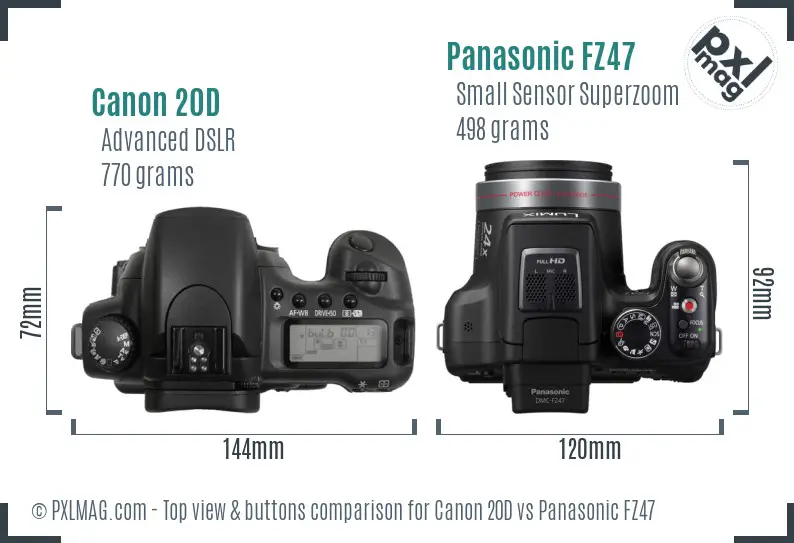 Canon 20D vs Panasonic FZ47 top view buttons comparison