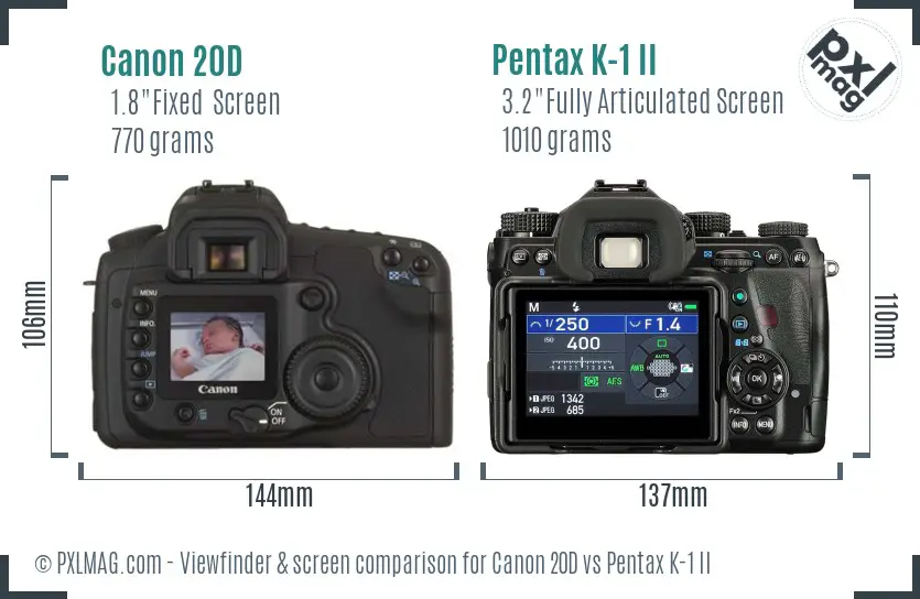 Canon 20D vs Pentax K-1 II Screen and Viewfinder comparison
