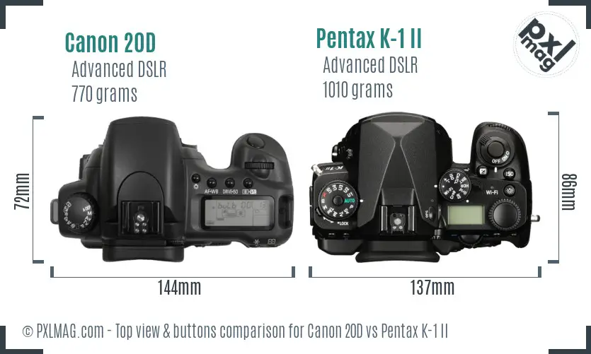 Canon 20D vs Pentax K-1 II top view buttons comparison