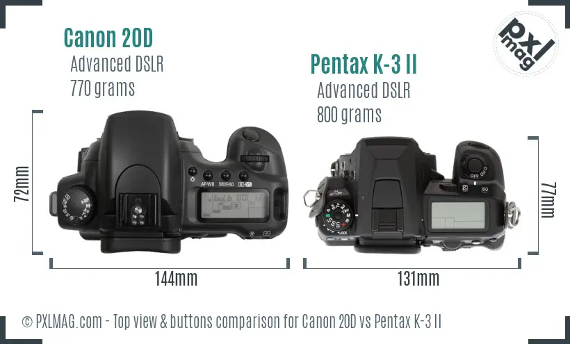 Canon 20D vs Pentax K-3 II top view buttons comparison