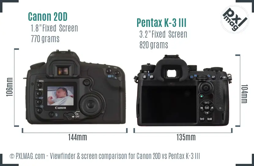 Canon 20D vs Pentax K-3 III Screen and Viewfinder comparison