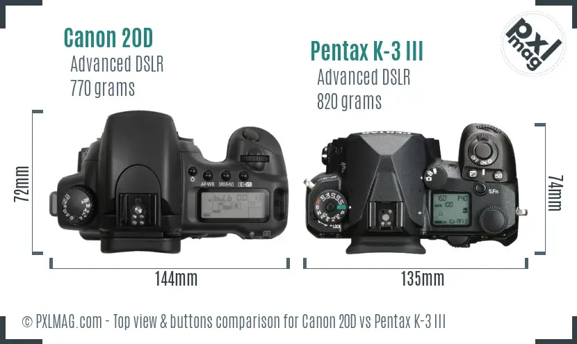 Canon 20D vs Pentax K-3 III top view buttons comparison