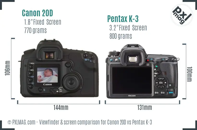 Canon 20D vs Pentax K-3 Screen and Viewfinder comparison