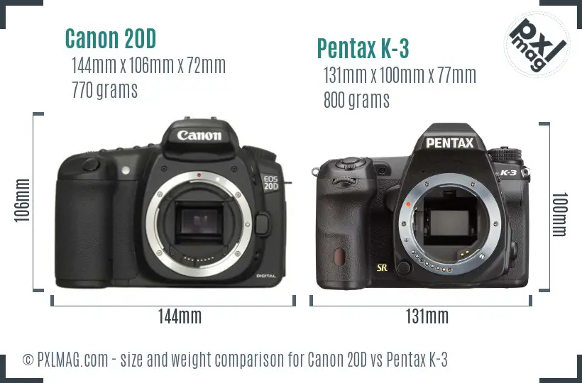 Canon 20D vs Pentax K-3 size comparison
