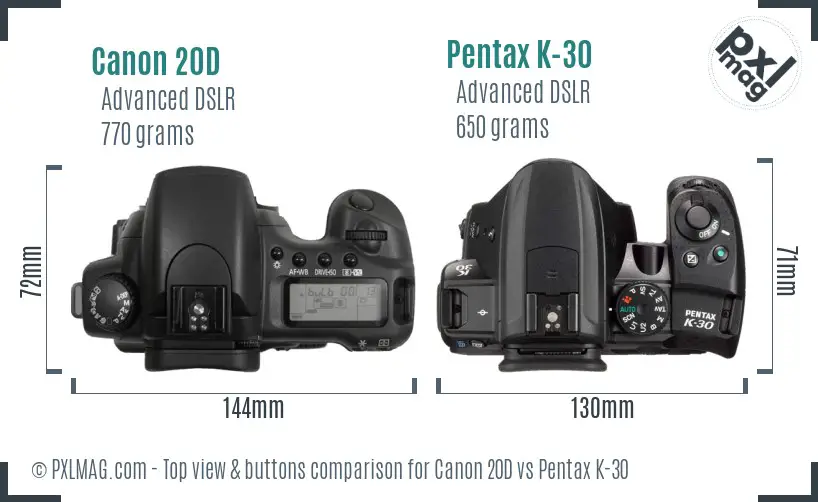 Canon 20D vs Pentax K-30 top view buttons comparison