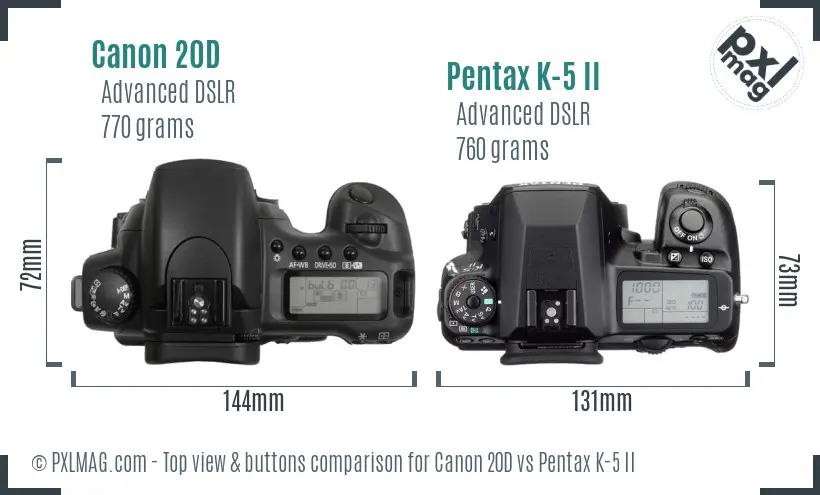 Canon 20D vs Pentax K-5 II top view buttons comparison