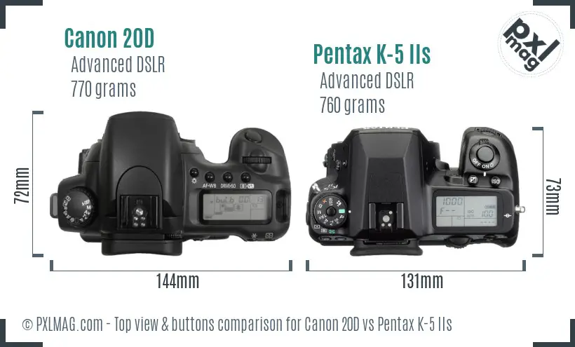 Canon 20D vs Pentax K-5 IIs top view buttons comparison