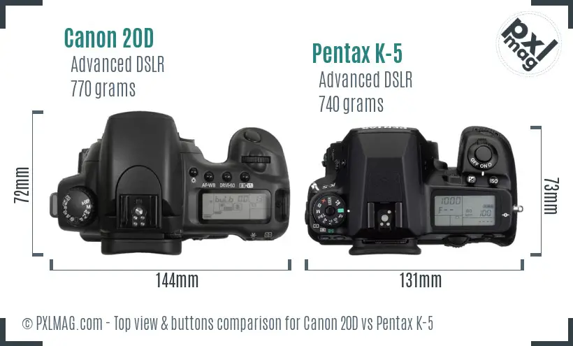Canon 20D vs Pentax K-5 top view buttons comparison