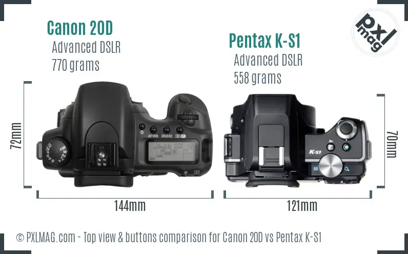 Canon 20D vs Pentax K-S1 top view buttons comparison