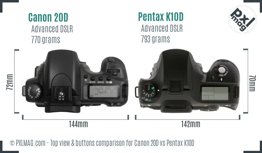 Canon 20D vs Pentax K10D top view buttons comparison