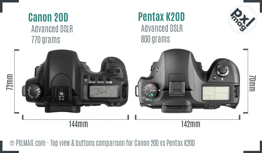 Canon 20D vs Pentax K20D top view buttons comparison