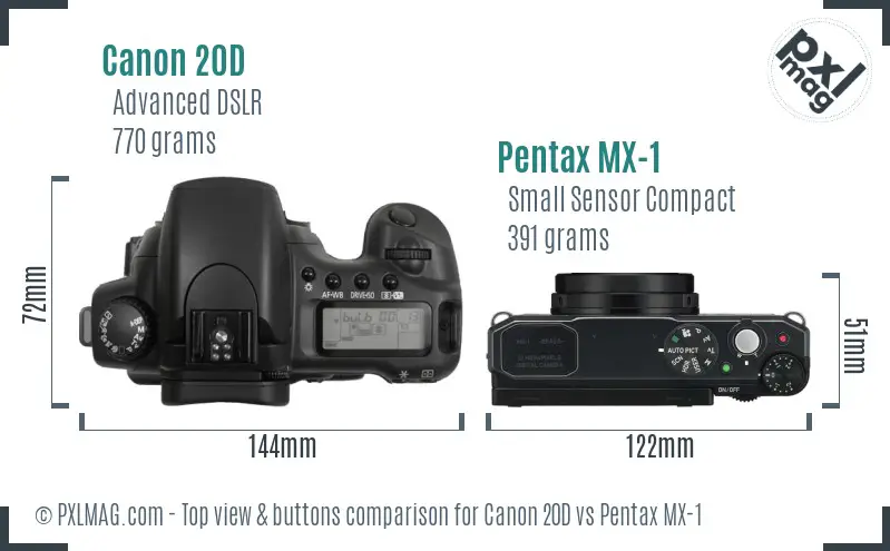 Canon 20D vs Pentax MX-1 top view buttons comparison