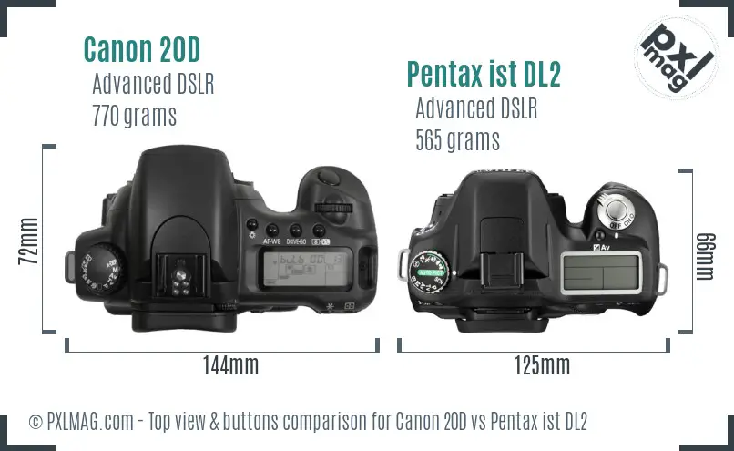 Canon 20D vs Pentax ist DL2 top view buttons comparison