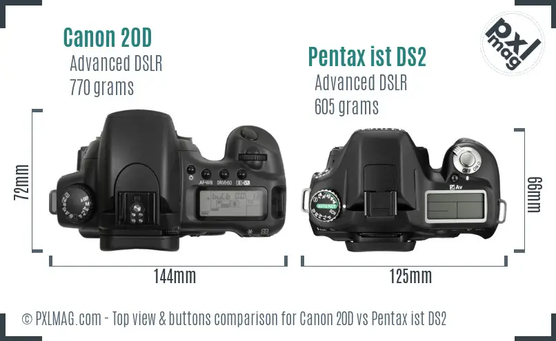 Canon 20D vs Pentax ist DS2 top view buttons comparison