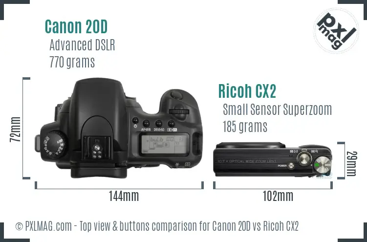 Canon 20D vs Ricoh CX2 top view buttons comparison