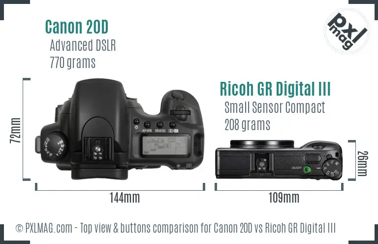 Canon 20D vs Ricoh GR Digital III top view buttons comparison
