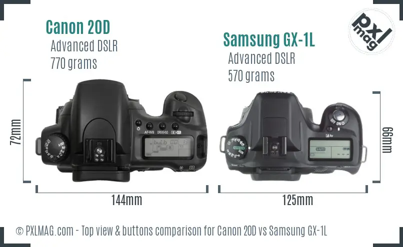 Canon 20D vs Samsung GX-1L top view buttons comparison
