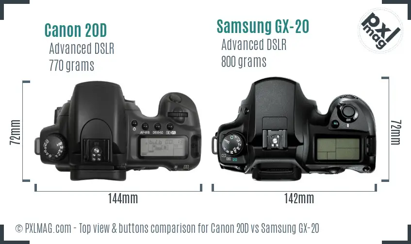 Canon 20D vs Samsung GX-20 top view buttons comparison