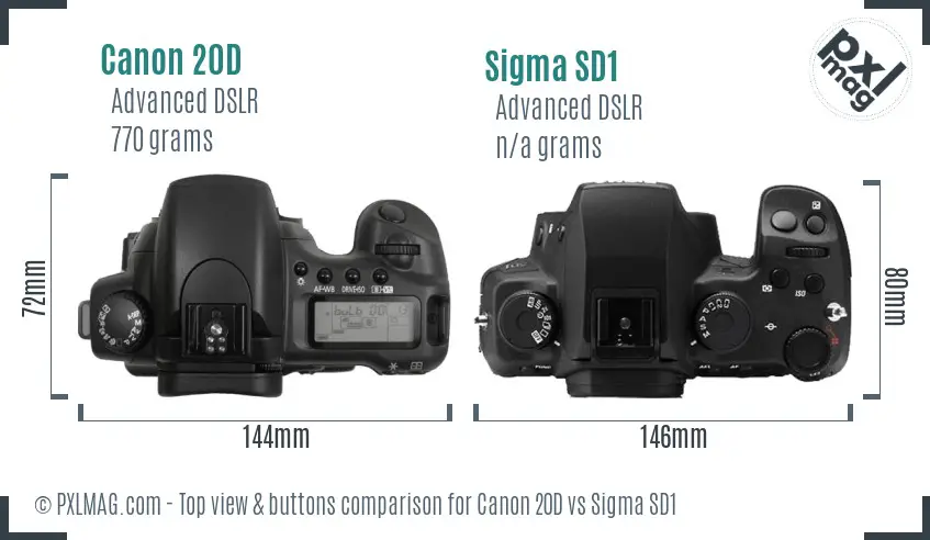 Canon 20D vs Sigma SD1 top view buttons comparison