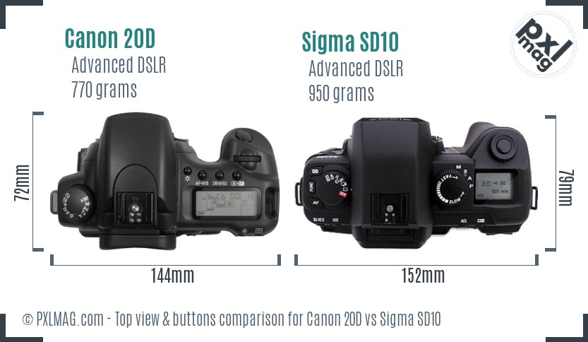 Canon 20D vs Sigma SD10 top view buttons comparison