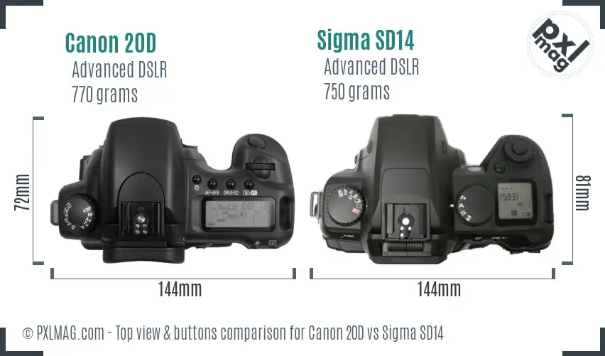 Canon 20D vs Sigma SD14 top view buttons comparison