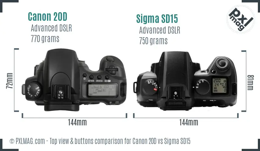 Canon 20D vs Sigma SD15 top view buttons comparison