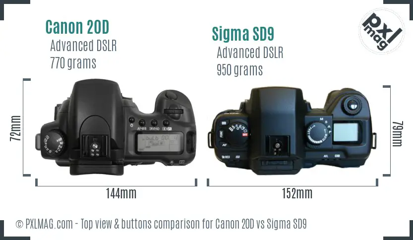Canon 20D vs Sigma SD9 top view buttons comparison Canon 20D vs Sigma SD9 top view buttons comparison