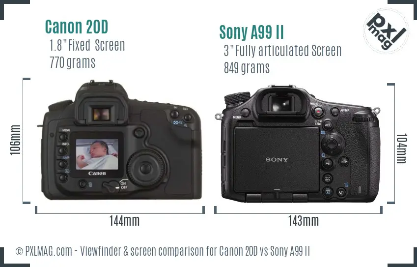 Canon 20D vs Sony A99 II Screen and Viewfinder comparison