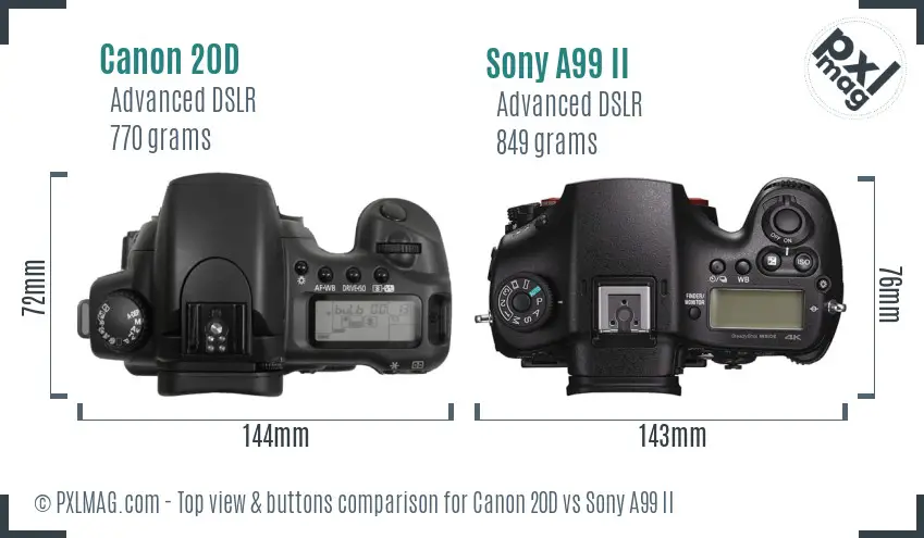 Canon 20D vs Sony A99 II top view buttons comparison