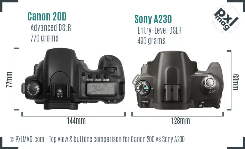 Canon 20D vs Sony A230 top view buttons comparison