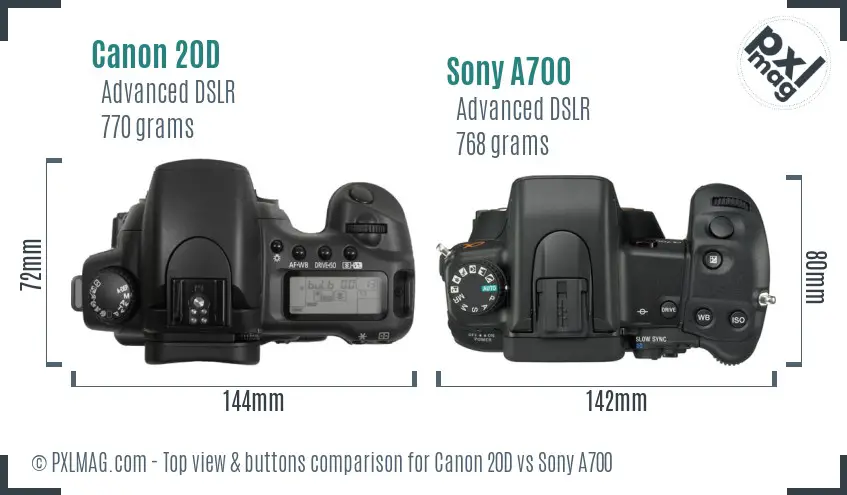 Canon 20D vs Sony A700 top view buttons comparison