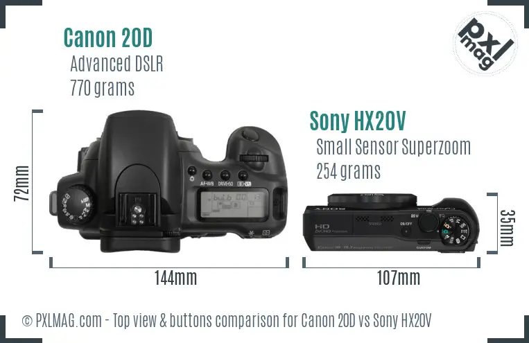 Canon 20D vs Sony HX20V top view buttons comparison