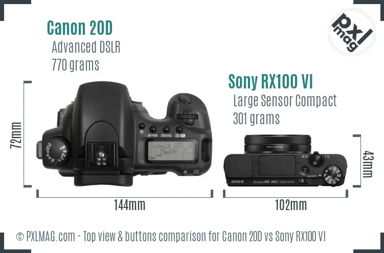 Canon 20D vs Sony RX100 VI top view buttons comparison