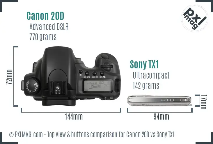 Canon 20D vs Sony TX1 top view buttons comparison