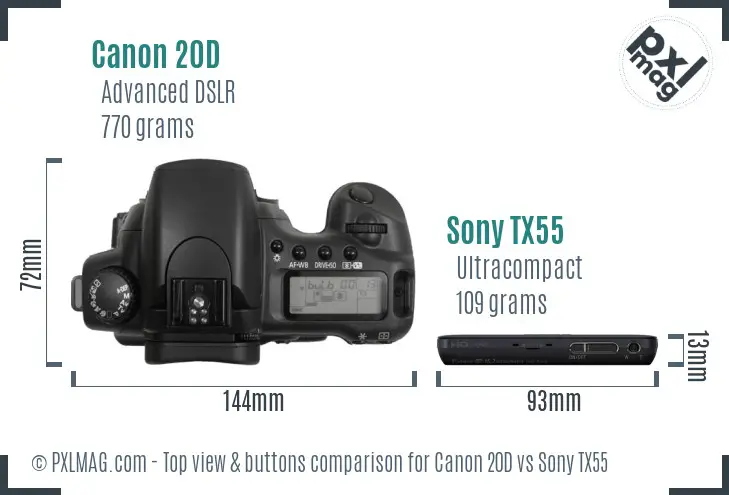 Canon 20D vs Sony TX55 top view buttons comparison