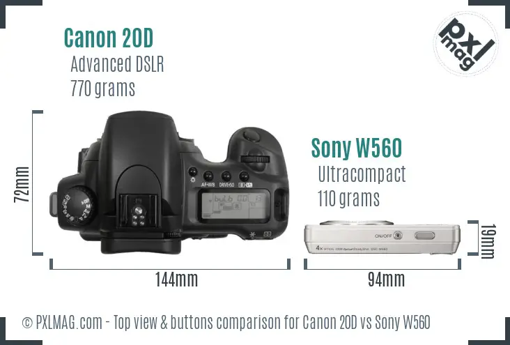 Canon 20D vs Sony W560 top view buttons comparison