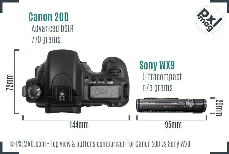 Canon 20D vs Sony WX9 top view buttons comparison