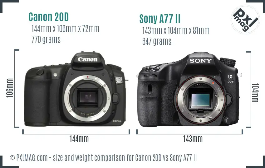 Canon 20D vs Sony A77 II size comparison