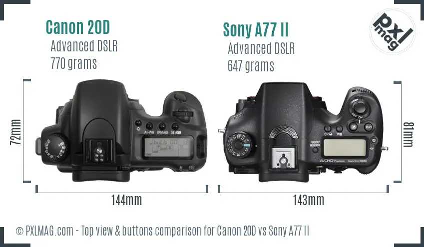 Canon 20D vs Sony A77 II top view buttons comparison